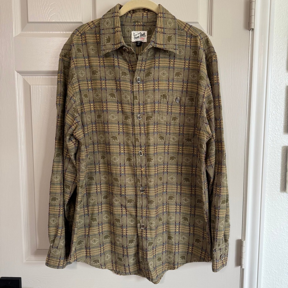 True Grit Button Down Mens M Olive Green Bear Pattern Jacquard Shirt Rustic VTG